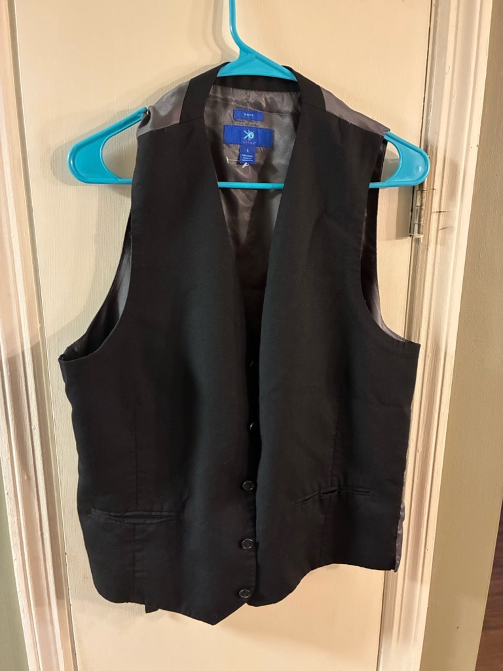 Egara Men's Large Slim Fit Suit Vest Black, 100% Wool, Faux Pockets, 5-Button
